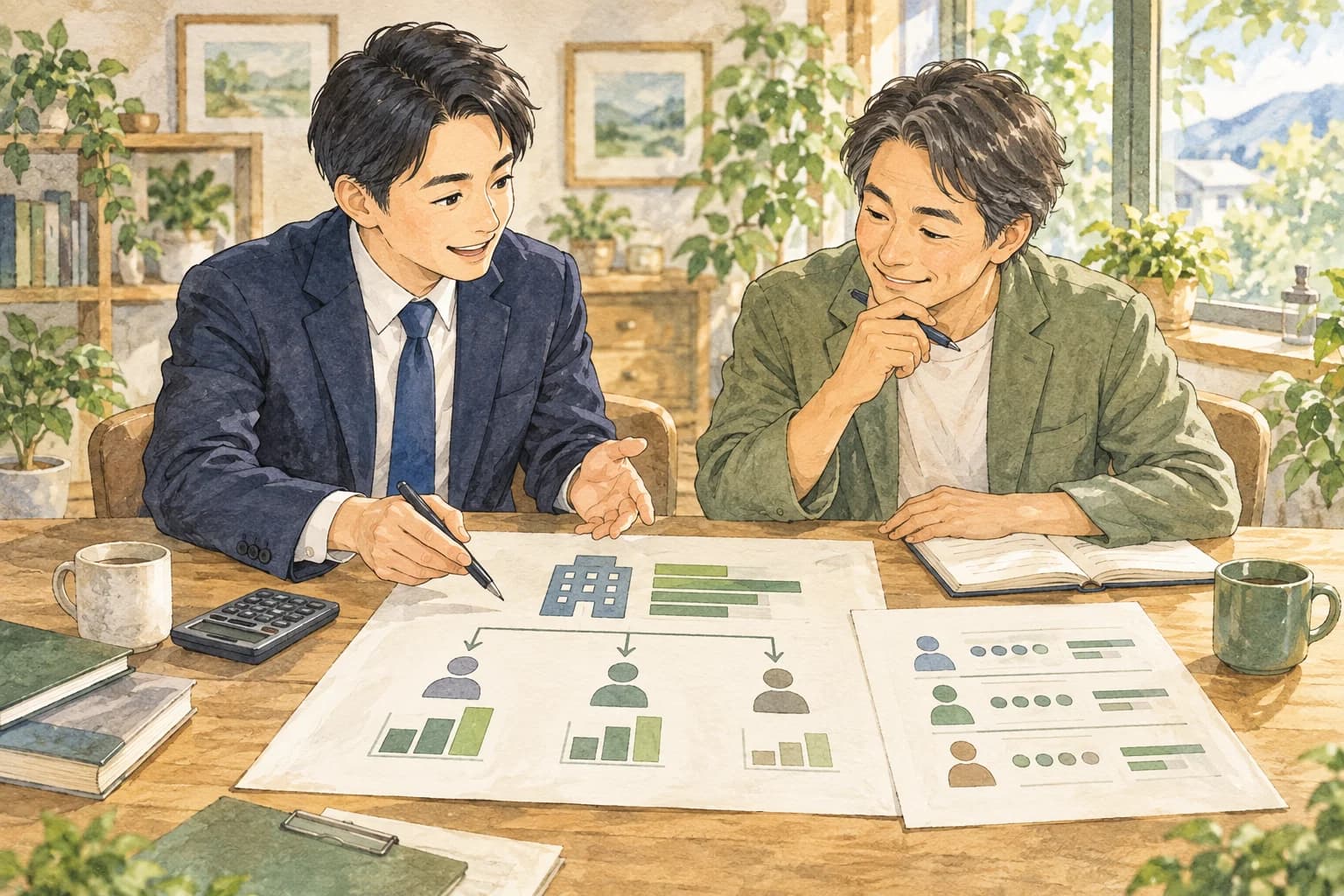 経営者と講師が、会社の予算や評価基準、賞与の分配を一緒に設計するイラスト
