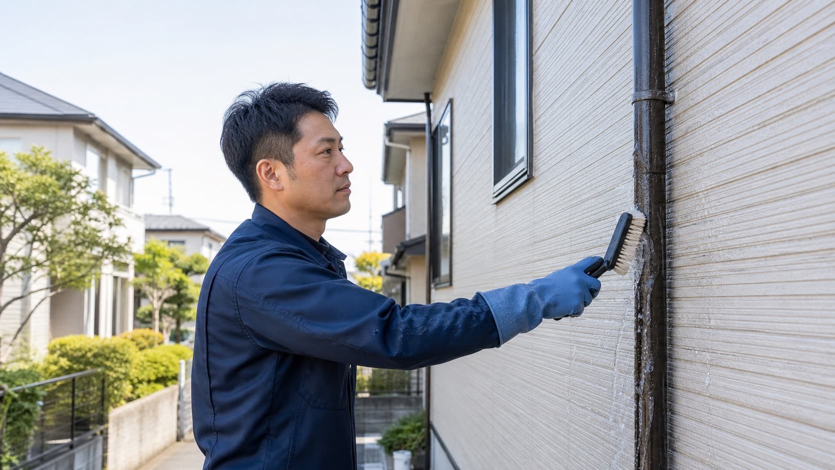 戸建て住宅の外壁を清掃するスタッフ(イメージ)