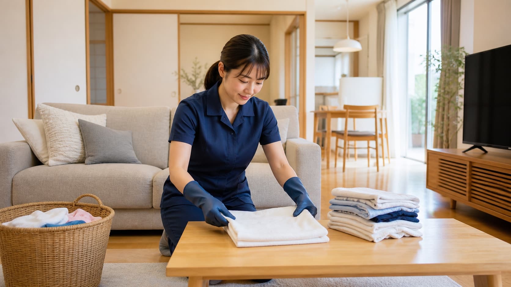 居住空間で洗濯物をたたむ家事代行スタッフ(イメージ)